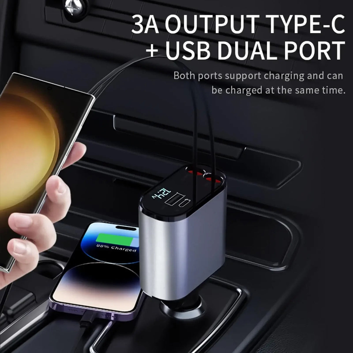 4-in-1 Retractable Fast Car Charger (120W Total Output)