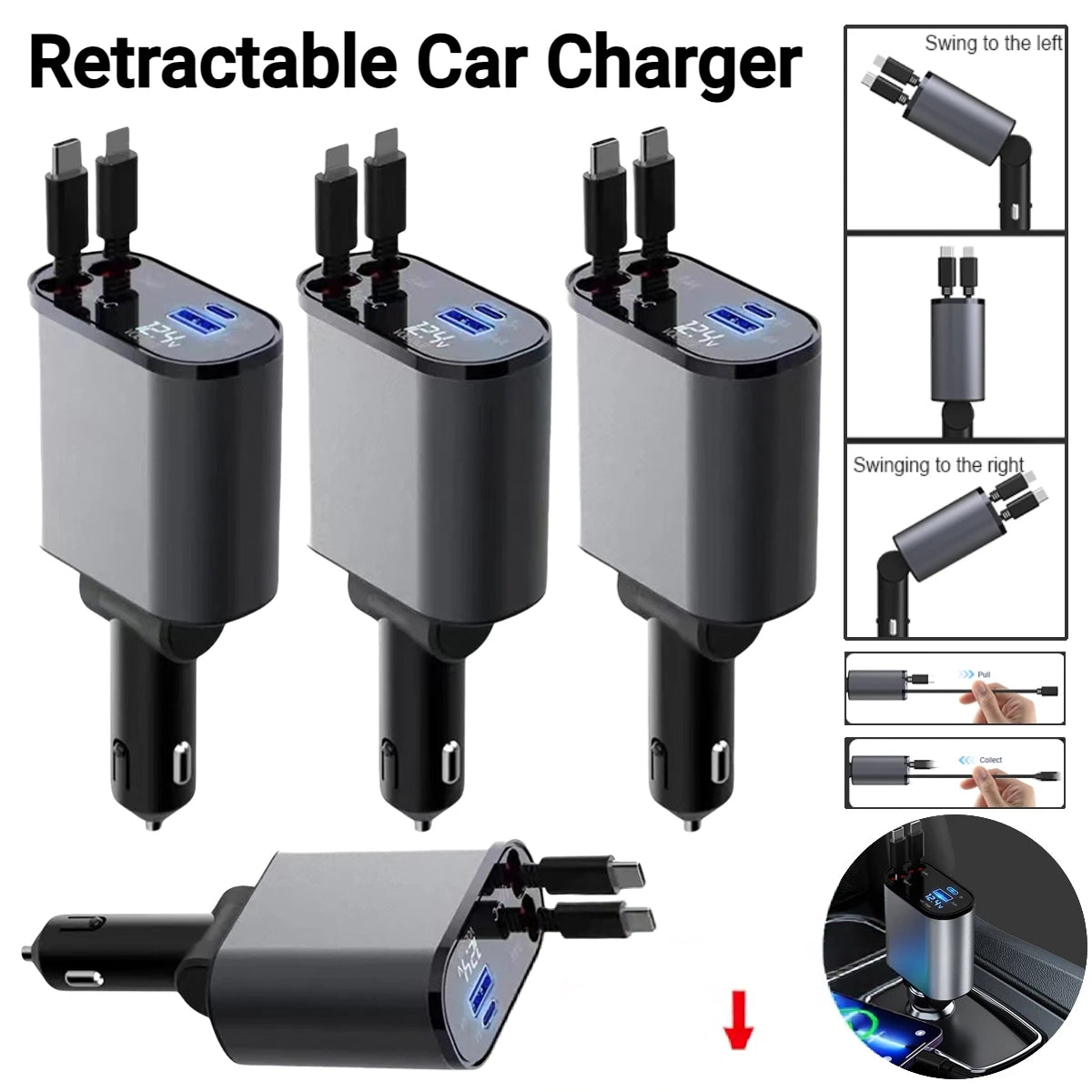 4-in-1 Retractable Fast Car Charger (120W Total Output)