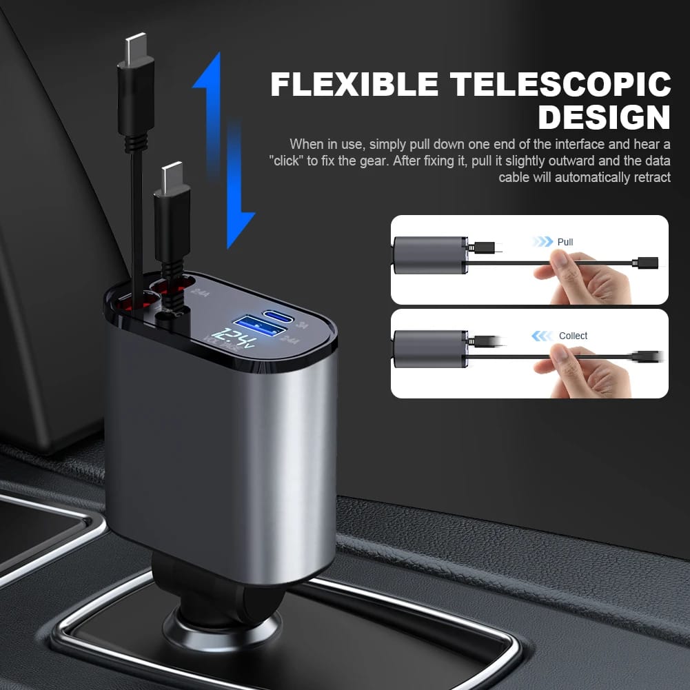 4-in-1 Retractable Fast Car Charger (120W Total Output)