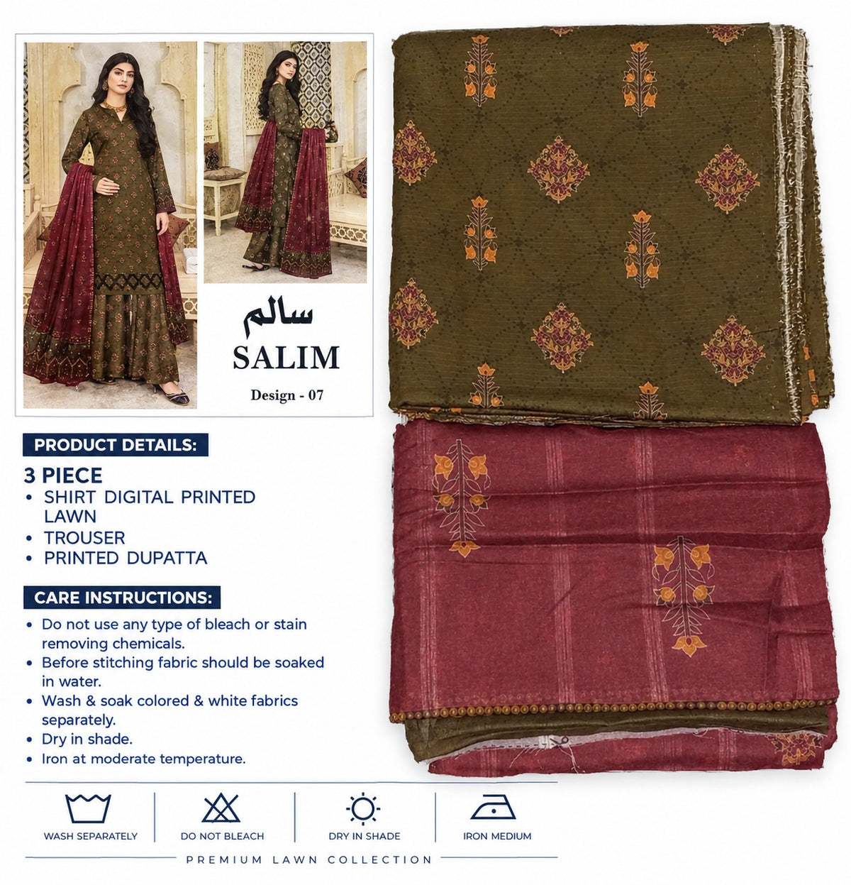 SALIM Design 07 – 3-Piece Printed Lawn Suit for Women