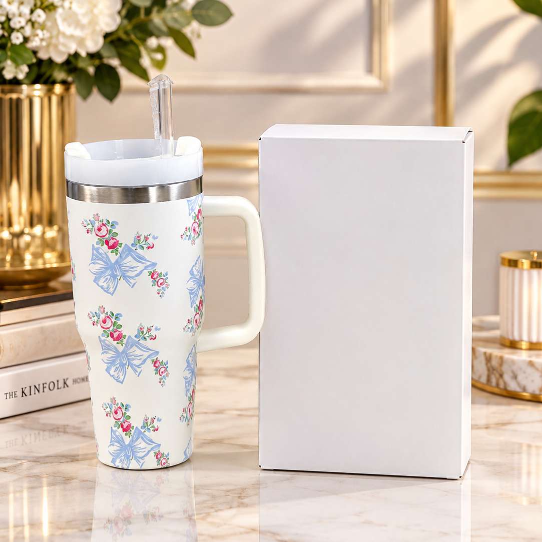 Stanley-Style Floral Print Insulated Tumbler – 600ml (Pink)
