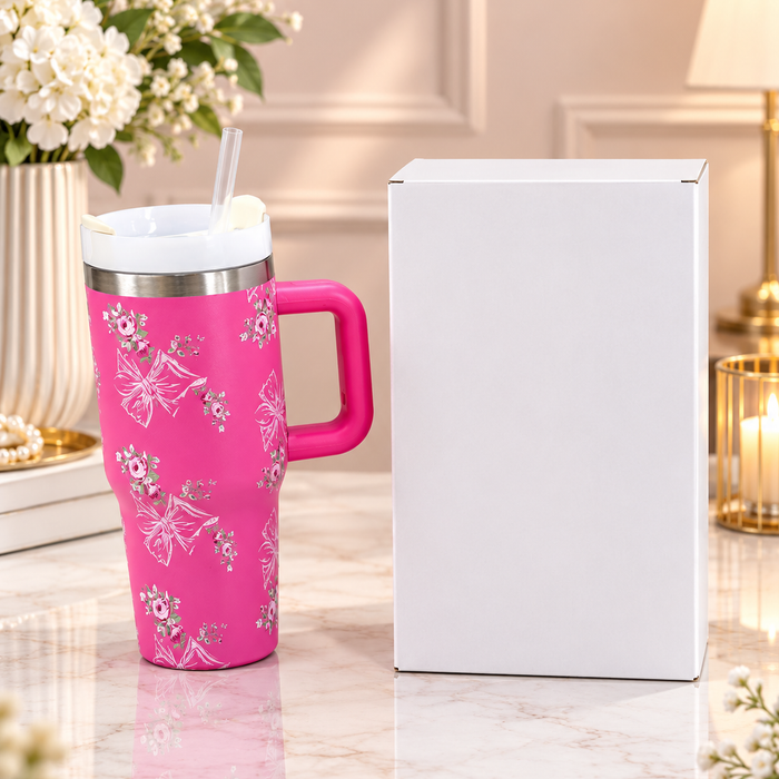 Stanley-Style Floral Print Insulated Tumbler – 600ml (Pink)