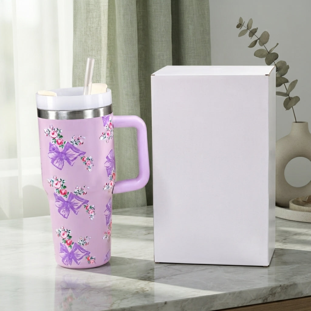 Stanley-Style Floral Print Insulated Tumbler – 600ml (Pink)