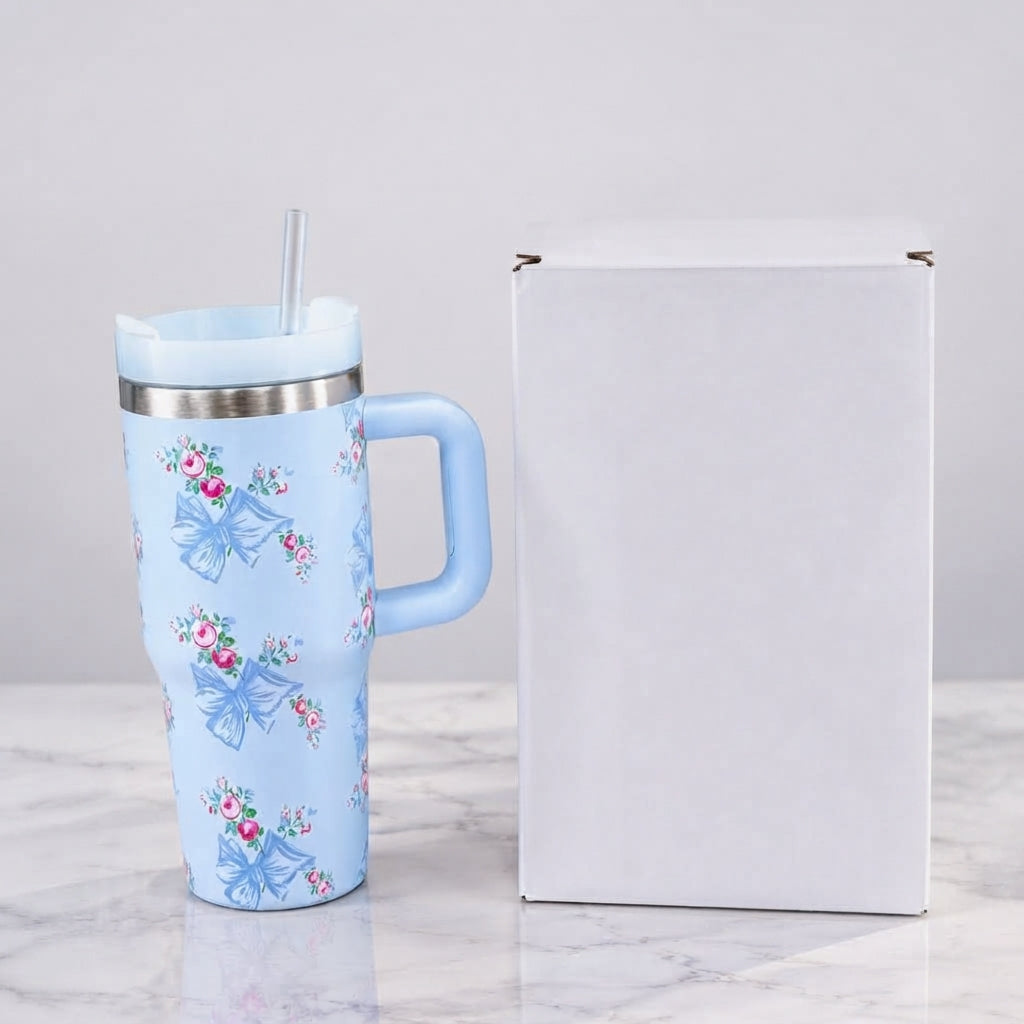 Stanley-Style Floral Print Insulated Tumbler – 600ml (Pink)
