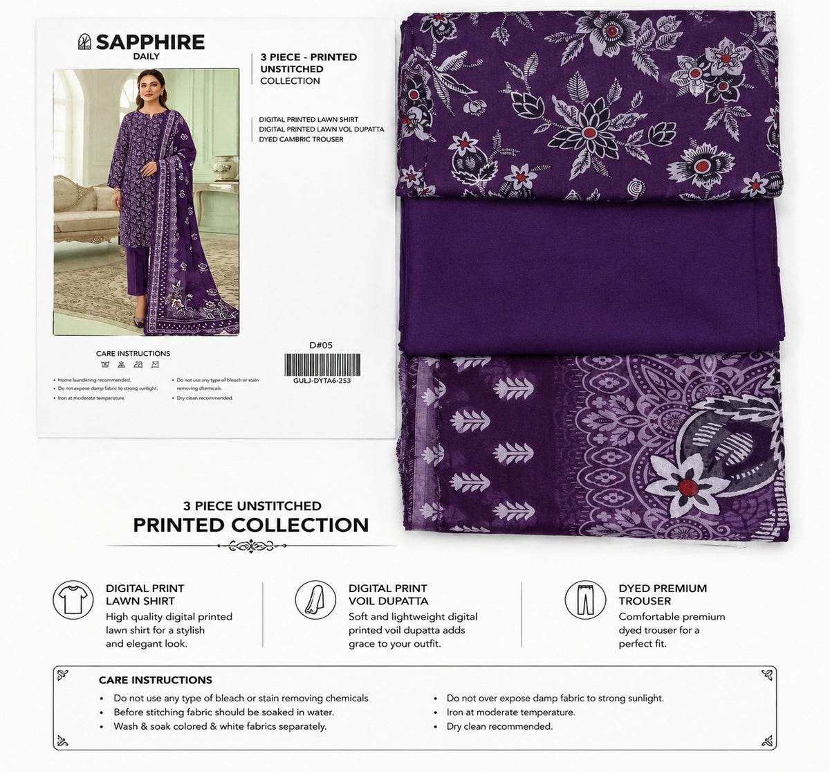 Sapphire 3-Piece Printed Lawn Unstitched Suit